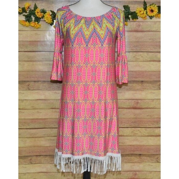 R. Rouge Pink Hippie Retro Midi Dress Size S Bell Sleeves Fringe Colorful Bright - Picture 1 of 11